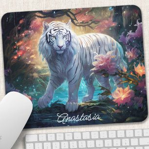 Vit Tiger Fantasi Blommig Namn Design Musmatta