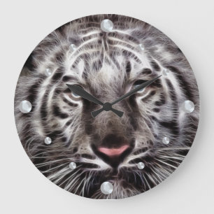 Vit Tiger Fractal Wall Clock Stor Klocka