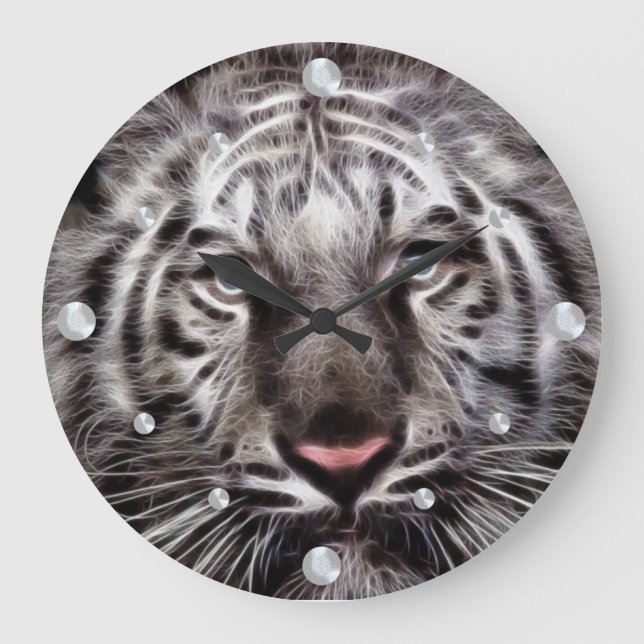 Vit Tiger Fractal Wall Clock Stor Klocka (Framsida)