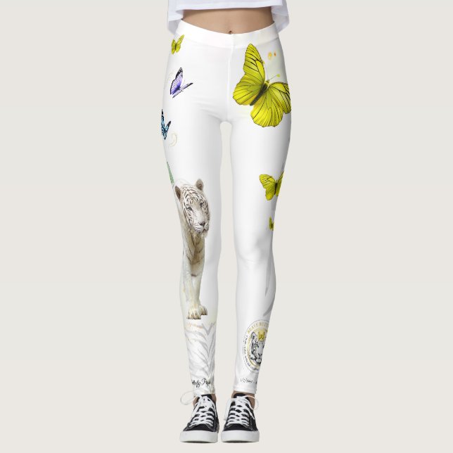 Vit Tiger Gul Fjäril Guld Stjärnstoft Leggings (Framsida)
