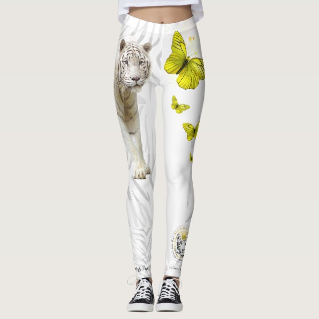  Vit Tiger Gul Fjäril  Leggings (Framsida)