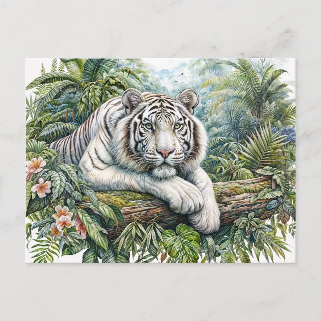 Vit Tiger I Djungel Vattenfärgskonst Vykort (Framsida)