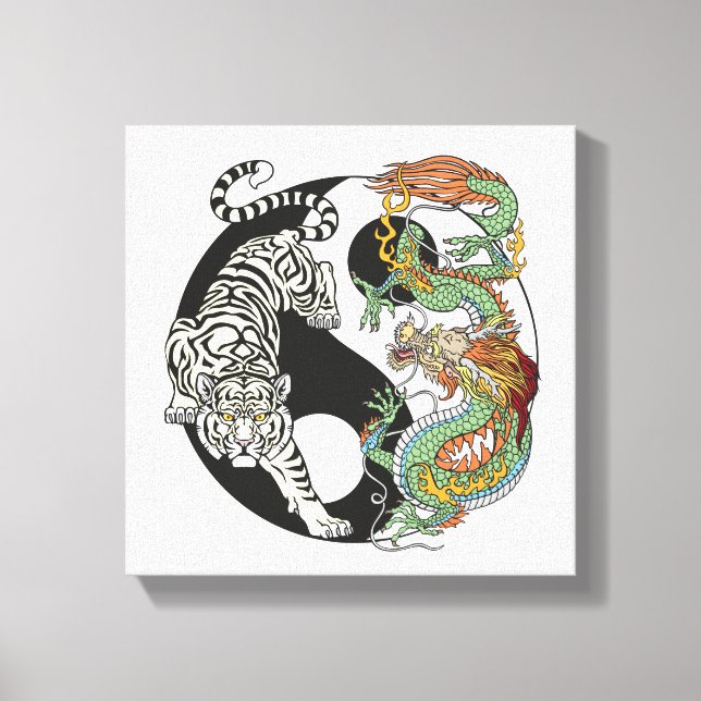 Vit tiger kontra grönt drake i yin yang c canvastryck (Framsida)
