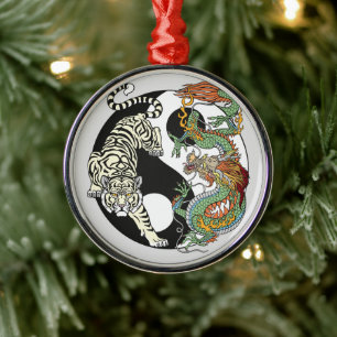 Vit tiger kontra grönt drake i yin yang ce julgransprydnad metall