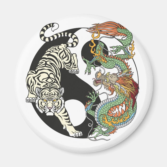 Vit tiger kontra grönt drake i yin Yang Magnet (Framsidan)