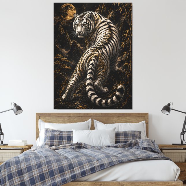 Vit Tiger Månsken Canvas Väggkonst | Mystisk N (Insitu (sovrum))