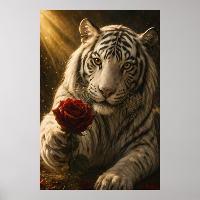 Vit Tiger med röd Ros Under Månljus – Roman Poster (Framsidan)