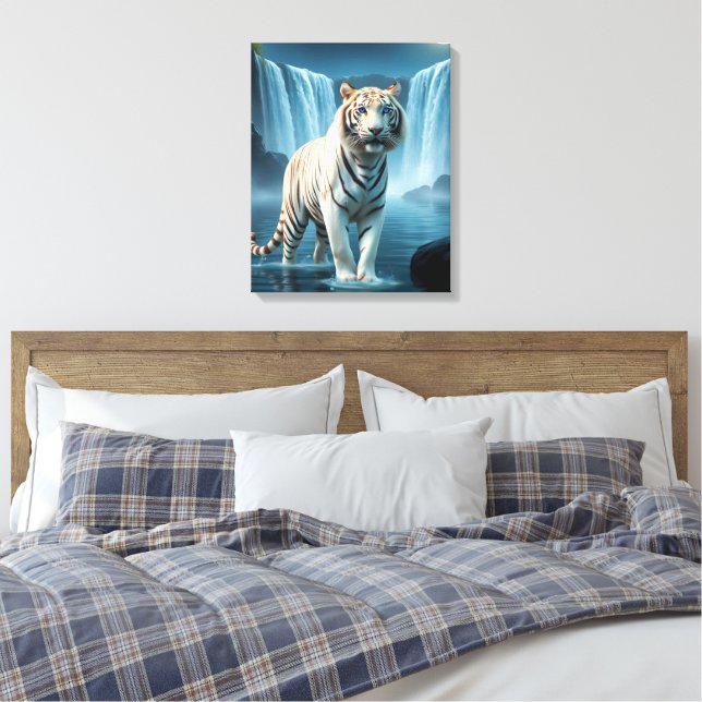 Vit tiger med vattenfall, retuscherat Kanvastryck (Insitu (sovrum))