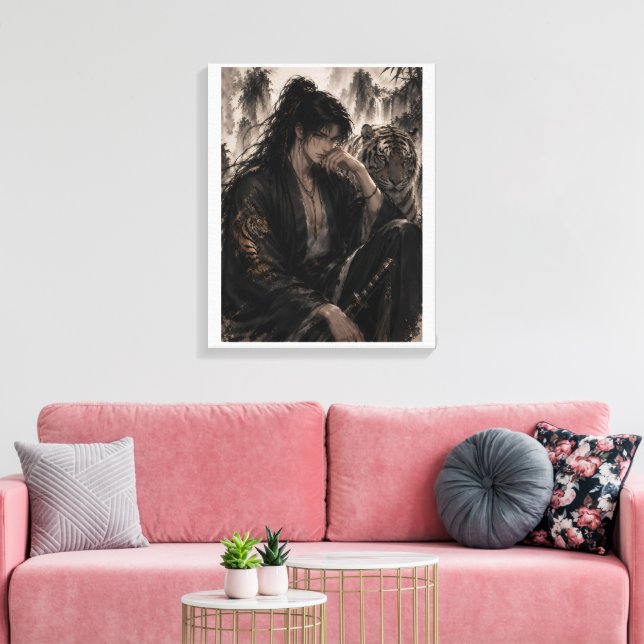 Vit Tiger och Svärdman | Orientalisk Bläckfantasi Canvastryck (Insitu (Vardagsrum))