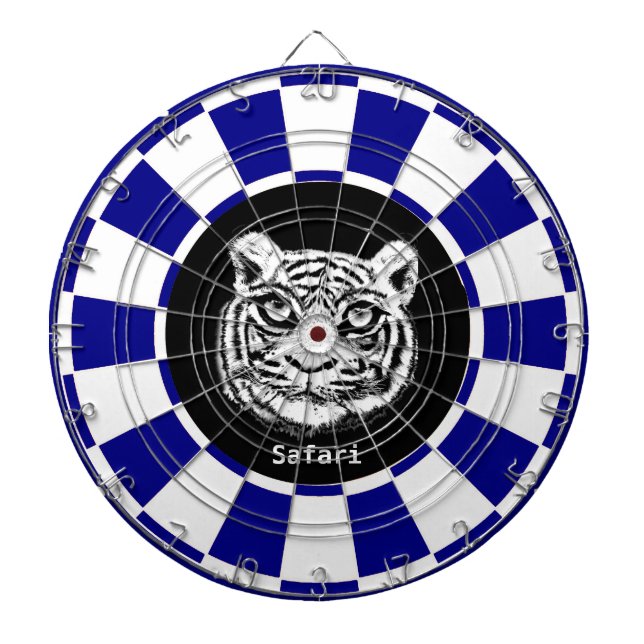 Vit tiger på marinblå och vit pilkastningstavla darttavla (Framsidan)