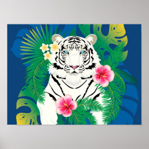 Vit tiger porträtt med tropiskt löv poster