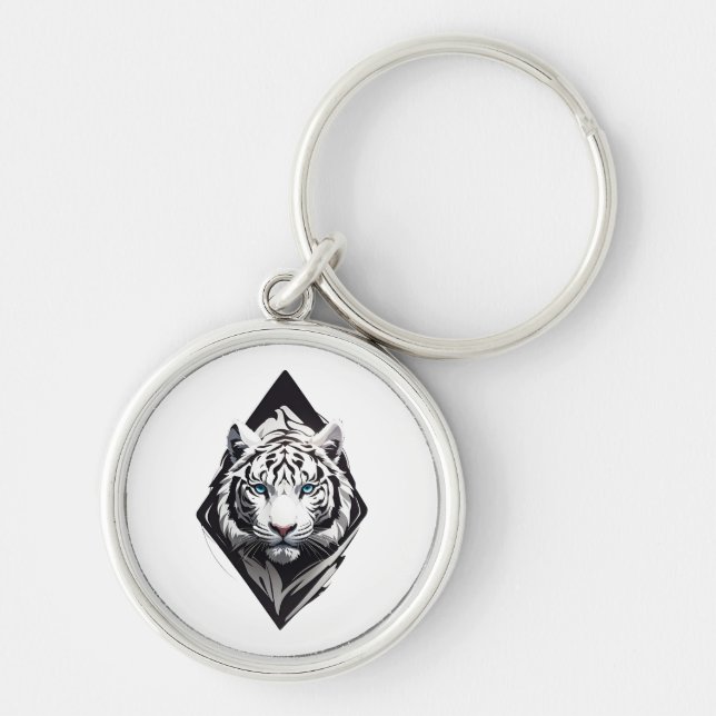 Vit Tiger Rund Silverfärgad Nyckelring (Framsidan)