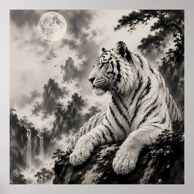 Vit tiger som vilar på klippa | Traditionell bläck Poster (Framsidan)