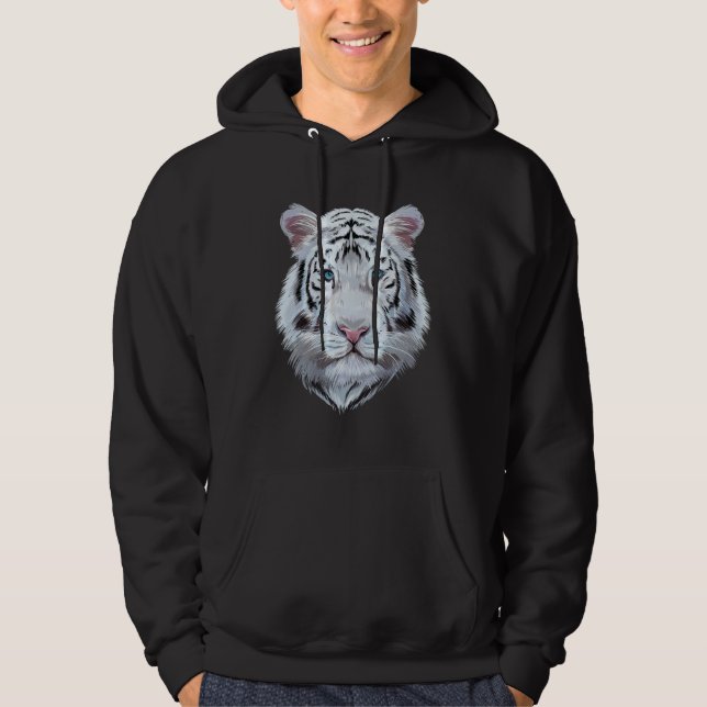 Vit Tiger Stor Katt Hoodie (Framsida)