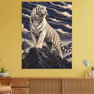 Vit tiger under broderade moln – marinblå M Canvastryck