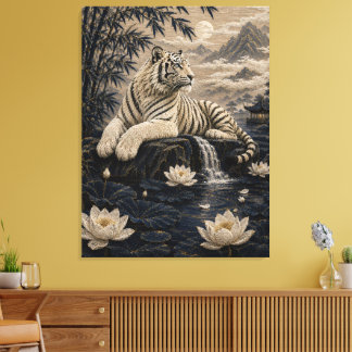 Vit tiger vid en lotusdam – Bambu Bergslandskap Canvastryck