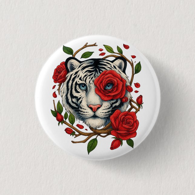 Vit tiggare med Röd ros - Blommigten Bold Wildlife Knapp (Framsida)