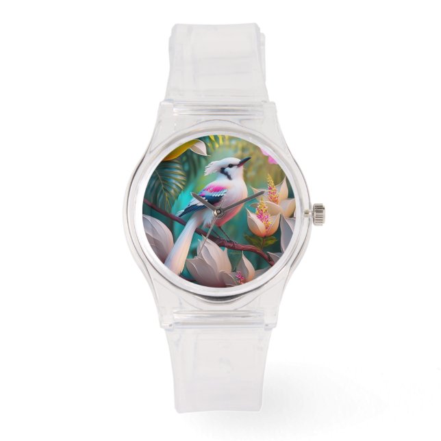 Vit Tofsad Buskbröstad Fantasifågel Armbandsur (Framsida)