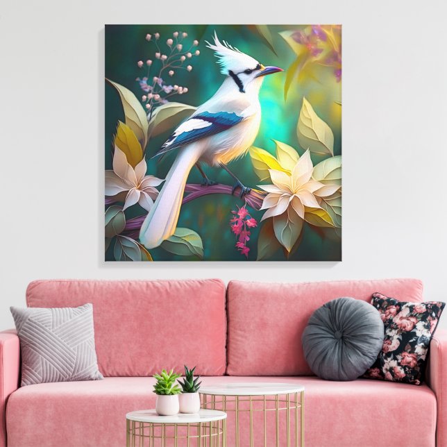 Vit Tofsad Teal Wing Jay Fantasifågel Canvastryck (Insitu (Vardagsrum))
