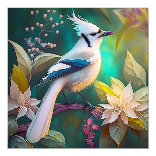 Vit Tofsad Teal Wing Jay Fantasifågel Fototryck (Framsidan)