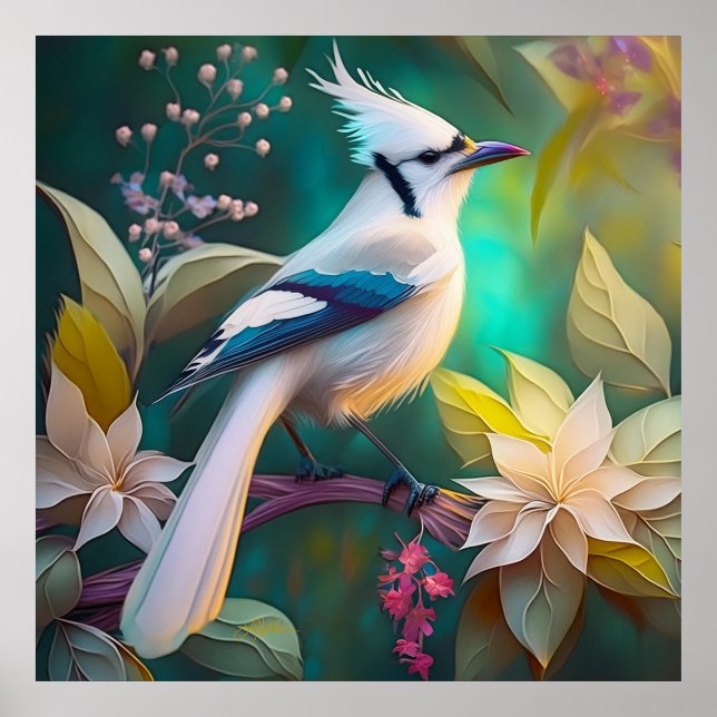 Vit Tofsad Teal Wing Jay Fantasifågel Poster (Framsidan)