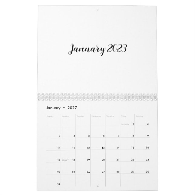 Vit tom kalender 2023 med skript text (Jan 2027)