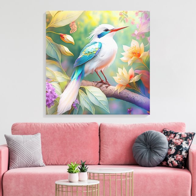 Vit Toppad Iridescent Blåvinge Fantasifågel Canvastryck (Insitu (Vardagsrum))