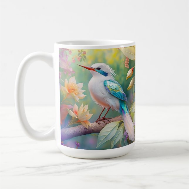 Vit Toppad Iridescent Blåvinge Fantasifågel Kaffemugg (Vänster)