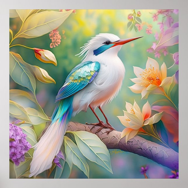 Vit Toppad Iridescent Blåvinge Fantasifågel Poster (Framsidan)