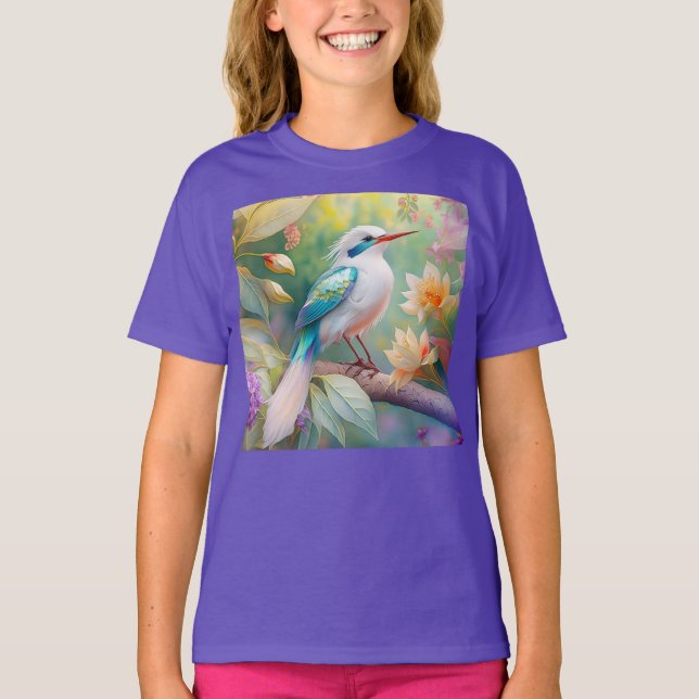 Vit Toppad Iridescent Blåvinge Fantasifågel T Shirt (Framsida)