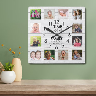 Vit trä 12 Foto Collage Familjetid Citat Fyrkantig Klocka