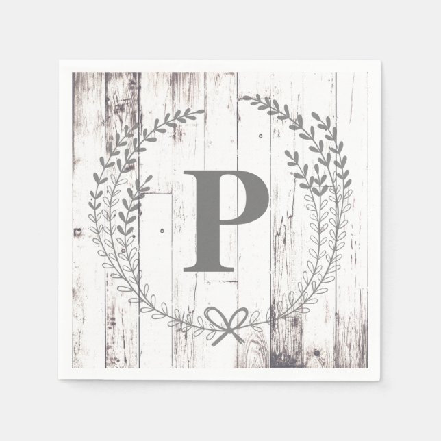 Vit Trä Rustik Bondgårds Monogram Bröllop Pappersservett (Framsidan)
