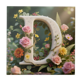 Vit Trädgårdsmonogram Bokstav D med Blommor Kakelplatta