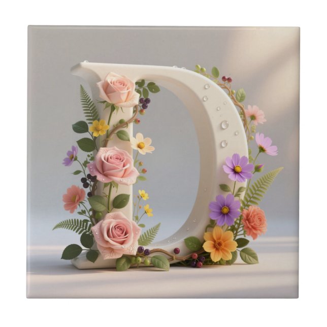 Vit Trädgårdsmonogram Bokstav D med Blommor Kakelplatta (Framsidan)