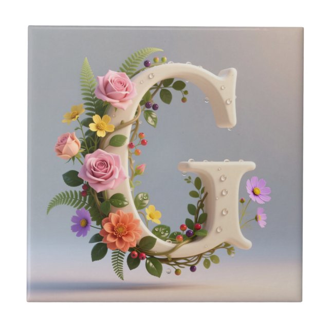Vit Trädgårdsmonogram Bokstav G med Blommor Kakelplatta (Framsidan)