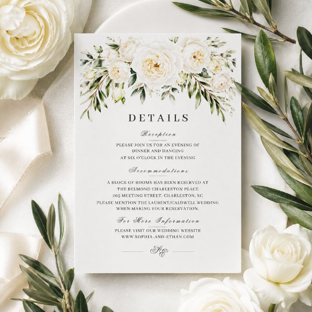 Vit Trädgårdsrosor Bröllopsdetaljkort OSA Kort (Elegant wedding details card with timeless white roses and botanical charm.)