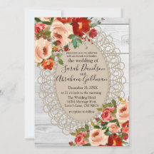 Vit Trälace Röda Blommor Rosor Rustik Bröllopsdeko