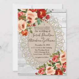 Vit Trälace Röda Blommor Rosor Rustik Bröllopsdeko Inbjudningar