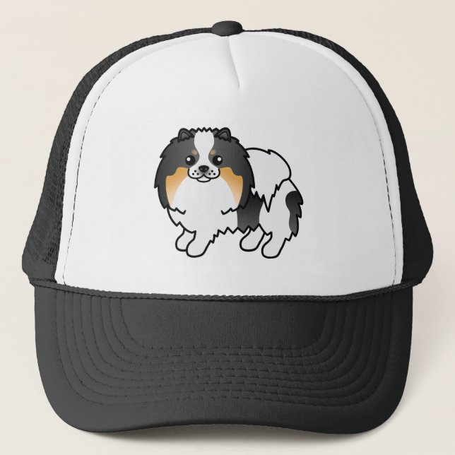 Vit tre färg Pomeranian Söt Tecknad Hund Keps (Framsida)