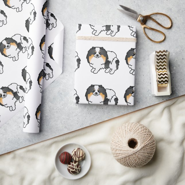 Vit tre färg Pomeranian Söt Tecknad Hund Mönster Presentpapper (Hantverk)