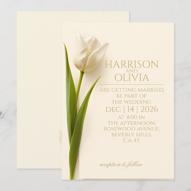 Vit Tulpan Minimalistisk Elegant Modern Bröllop Inbjudningar (Fram/baksida)