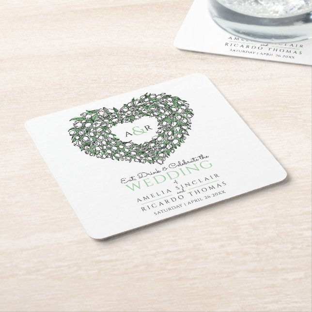 Vit tulpanfrö bläck teckning monogram bröllop underlägg papper kvadrat (Vinklad)