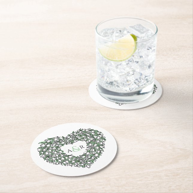 Vit tulpanfrö bläck teckning monogram bröllop underlägg papper rund (Insitu)