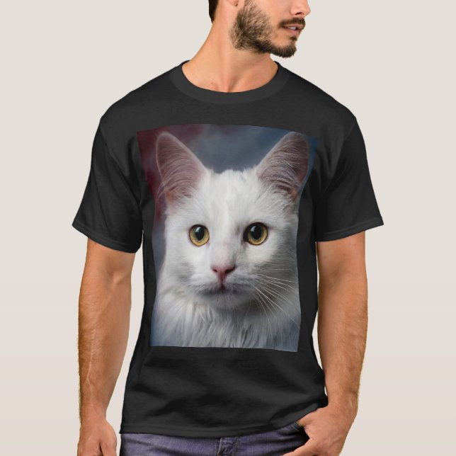 Vit turkisk angorakatt röd blå t shirt (Framsida)