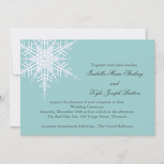 Vit/turkos Winter Snowflake-bröllopsinbjudan Inbjudningar (Framsida)