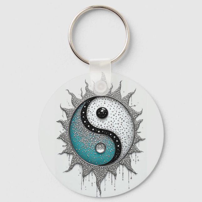 Vit Turkos Yin Yang Med Strålande Detaljer Nyckelring (Framsida)