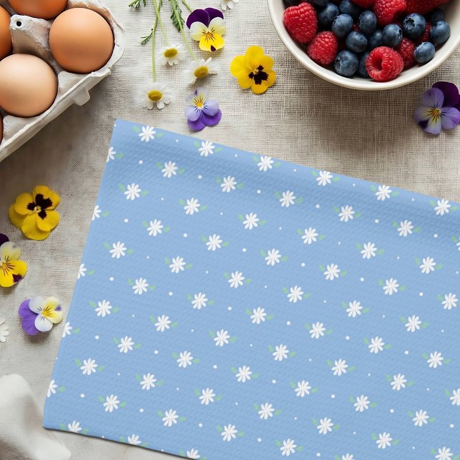 Vit tusenskönas enkel blomster vår mönster blå kökshandduk (Skapare uppladdad)