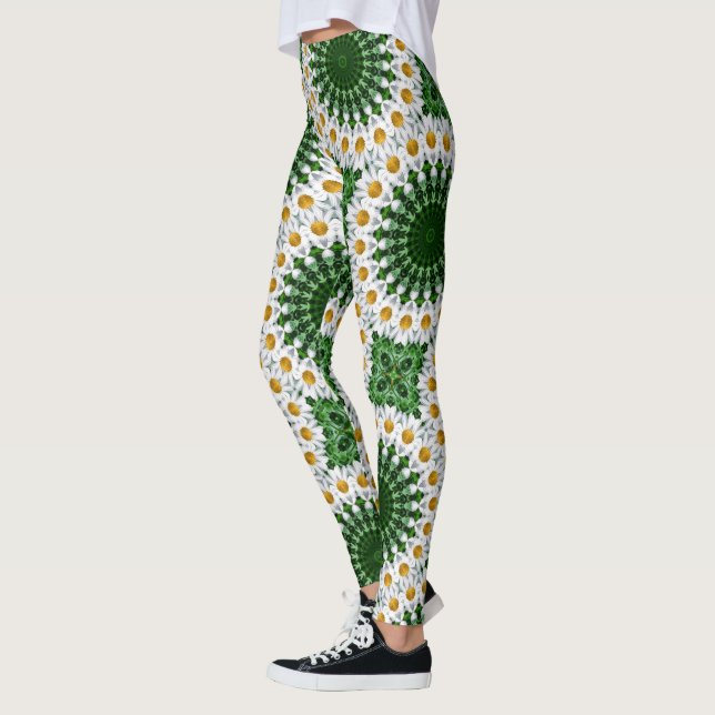 Vit tusenskönhetsmandala med frisk grön symmetri leggings (Vänster)