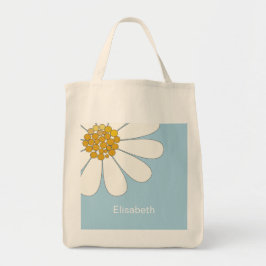 Vit tusenskönsblomma och blå personlig namn tygkasse