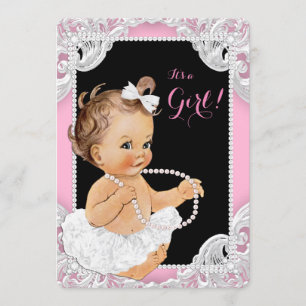 Vit Tutu Rosa Svart Pärl Babyflicka Shower Inbjudningar